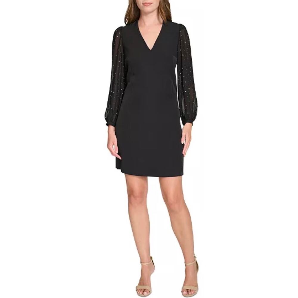 Tommy Hilfiger Rhinestone-Sleeve Shift Black Dress Size 2 Long Sleeves Back Zip - Picture 2 of 8